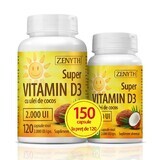 Confezione Super Vitamina D3 con olio di cocco 2000 UI, 120 + 30 capsule, Zenyth