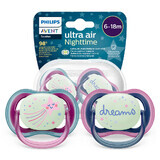 Avent Ultra Air Nighttime, tétine, silicone, symétrique, phosphorescente, fille, SCF376/14, 6-18 mois, 2 pièces