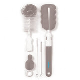 BabyOno, set de brosses pour biberons et tétines avec manche interchangeable et mini éponge, gris, 1 set