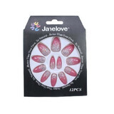 Lot de 12 faux ongles dégradés avec paillettes, Janelove, Rose