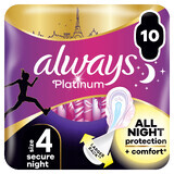 Always Platinum, serviettes hygiéniques à ailettes, taille 4, Secure Night, 10 pièces