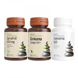 Pack Spiruline 500 mg, 30 comprimés + Ginkana Ginkgo 50+, 30 comprimés + Coenzyme Q10, 30 comprimés, Alevia
