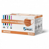 Masques médicaux jetables, type IIR, 3 plis, 50 pièces, orange, Serix