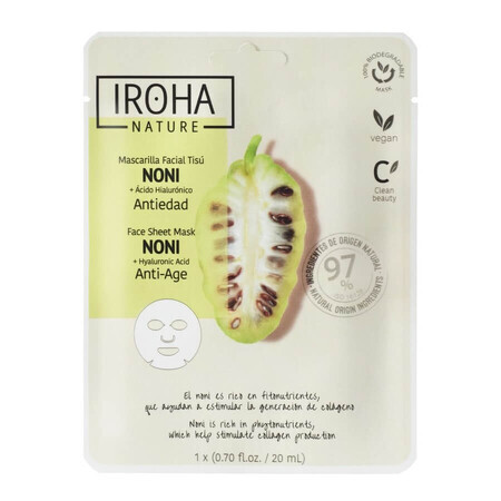 Masque anti-âge à l'acide hyaluronique et à l'extrait de noni, 20 ml, Iroha