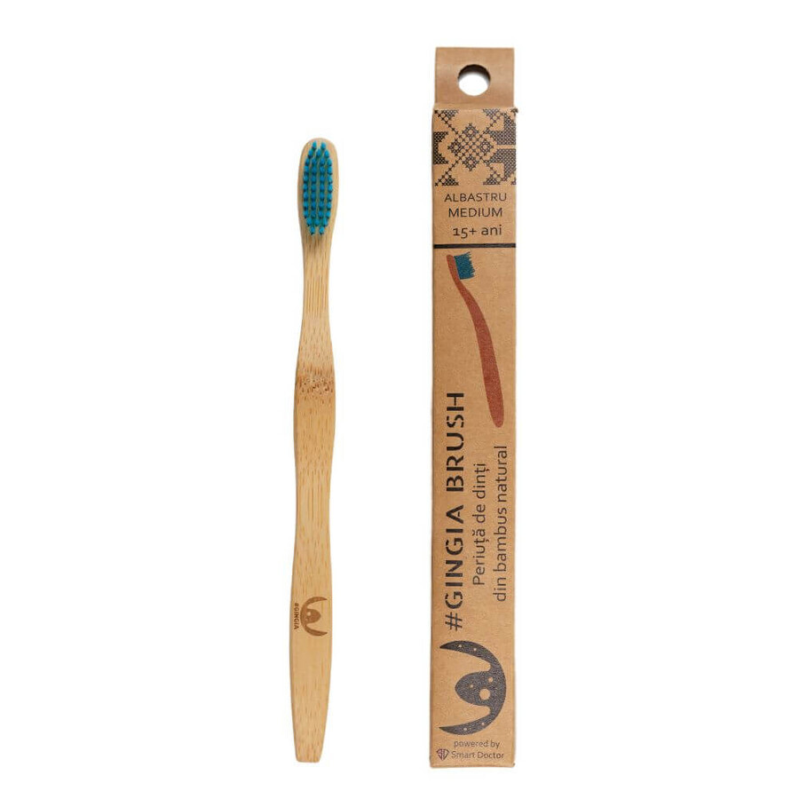 Brosse à dents en bambou, 15+ ans, moyenne, bleue, 1 pièce, Gingia