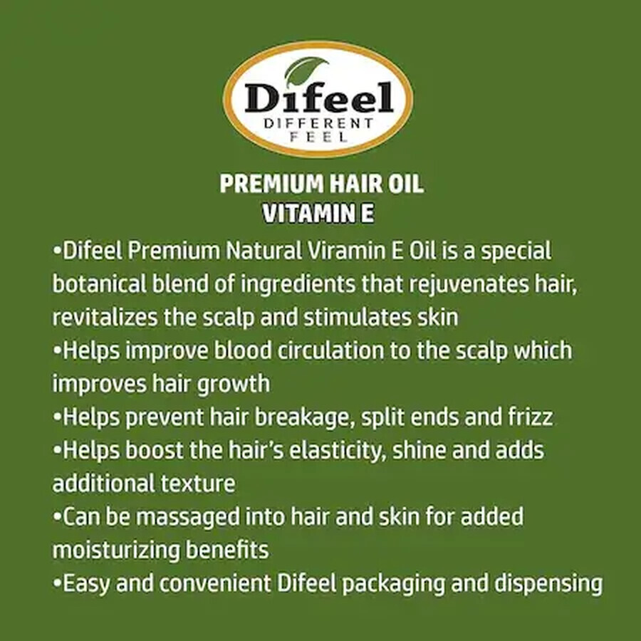 Olio per trattamento capelli premium Difeel 99% naturale con vitamina E, 75 ml