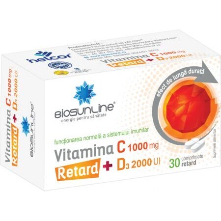 Vitamine C 1000 mg + D3 2000 UI Retard Biosunline, 30 comprimés, AC Helcor