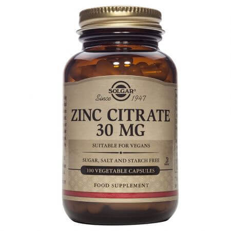 Citrate de zinc, 30 mg, 100 gélules, Solgar