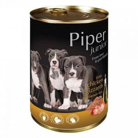 Nassfutter mit Hühnermagen und braunem Reis für Hunde, 400 g, Piper Junior