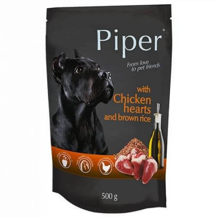 Nourriture humide pour chiens avec cœurs de poulet et riz brun Adult, 500 g, Piper