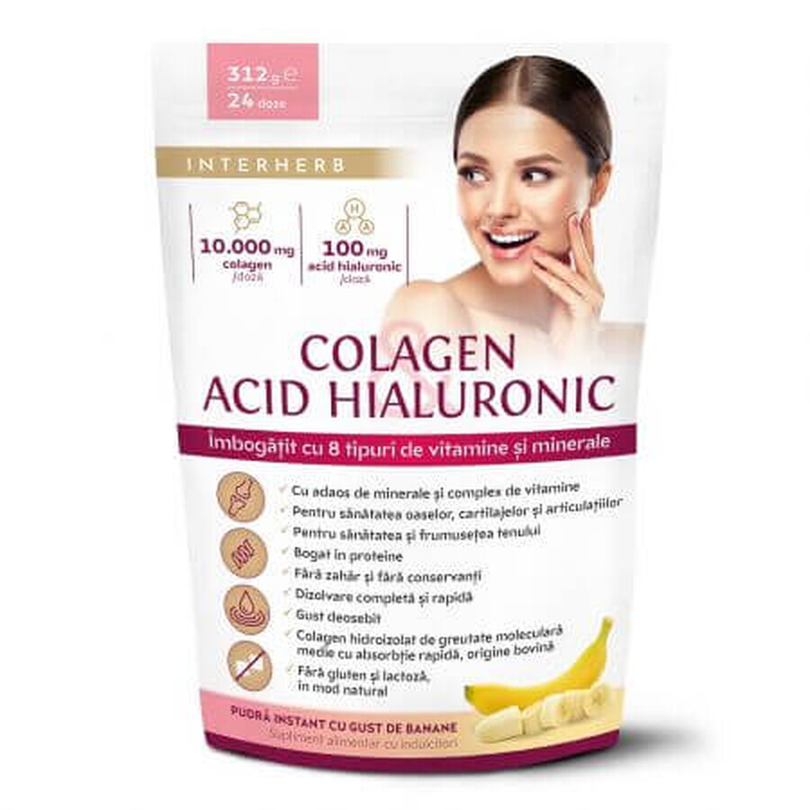 Poudre instantanée de collagène et d'acide hyaluronique avec shake à la banane, 312 g, Interherb