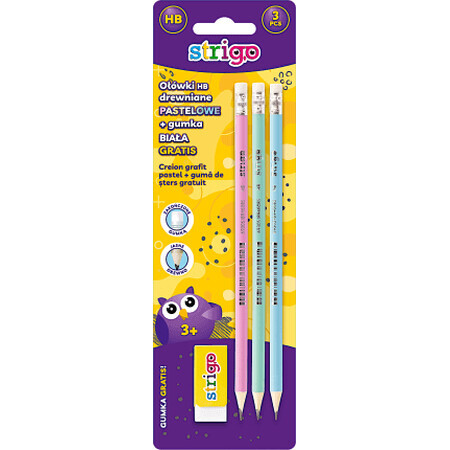 Strigo Lot de 3 crayons pastel avec gomme, 3 pcs