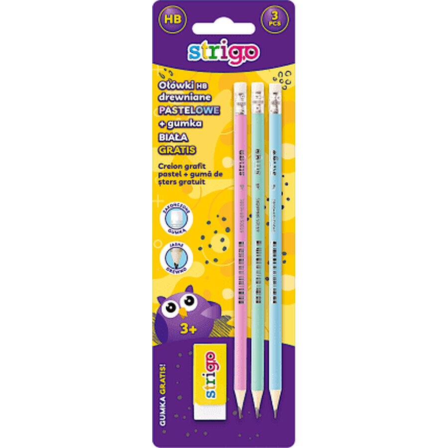 Strigo Lot de 3 crayons pastel avec gomme, 3 pcs