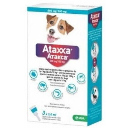 Antiparazitar extern pentru cain 4-10 Kg, 100+500 mg/ml, 3 pipete x 1 ml, Ataxxa 100