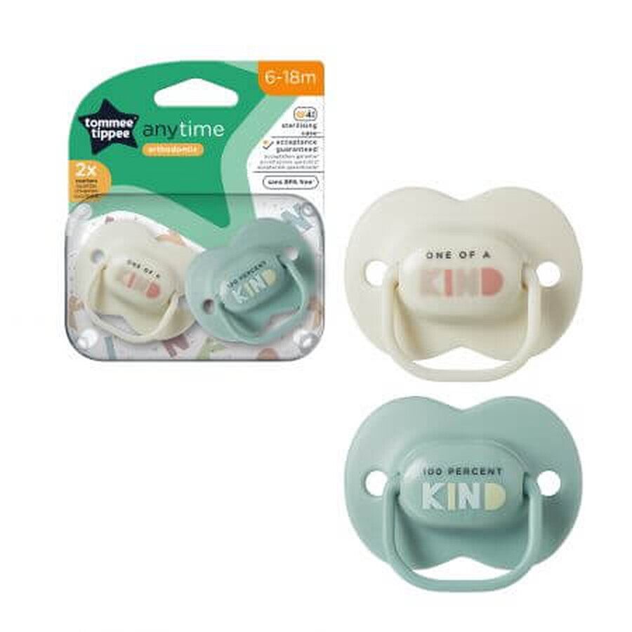 Sucettes orthodontiques Anytime, 6 - 18 mois, vert / blanc, 2 pièces, Tommee Tippee