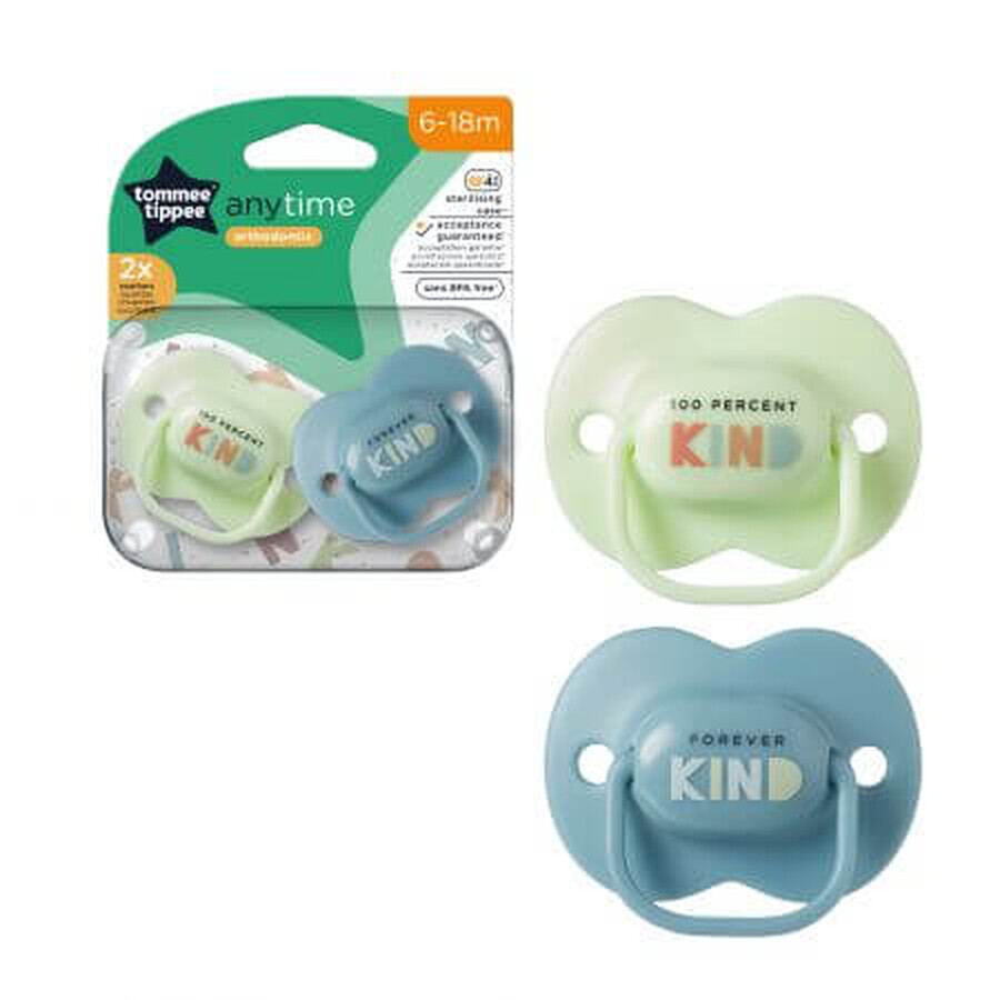 Sucettes orthodontiques Anytime, 6 - 18 mois, vert / bleu, 2 pièces, Tommee Tippee