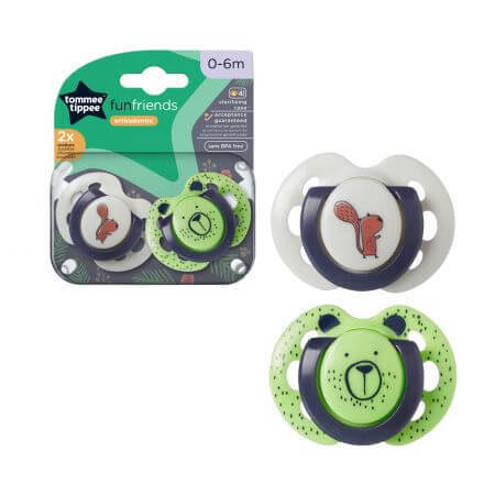 Sucettes orthodontiques amusantes, 0 - 6 mois, vertes / blanches, 2 pièces, Tommee Tippee