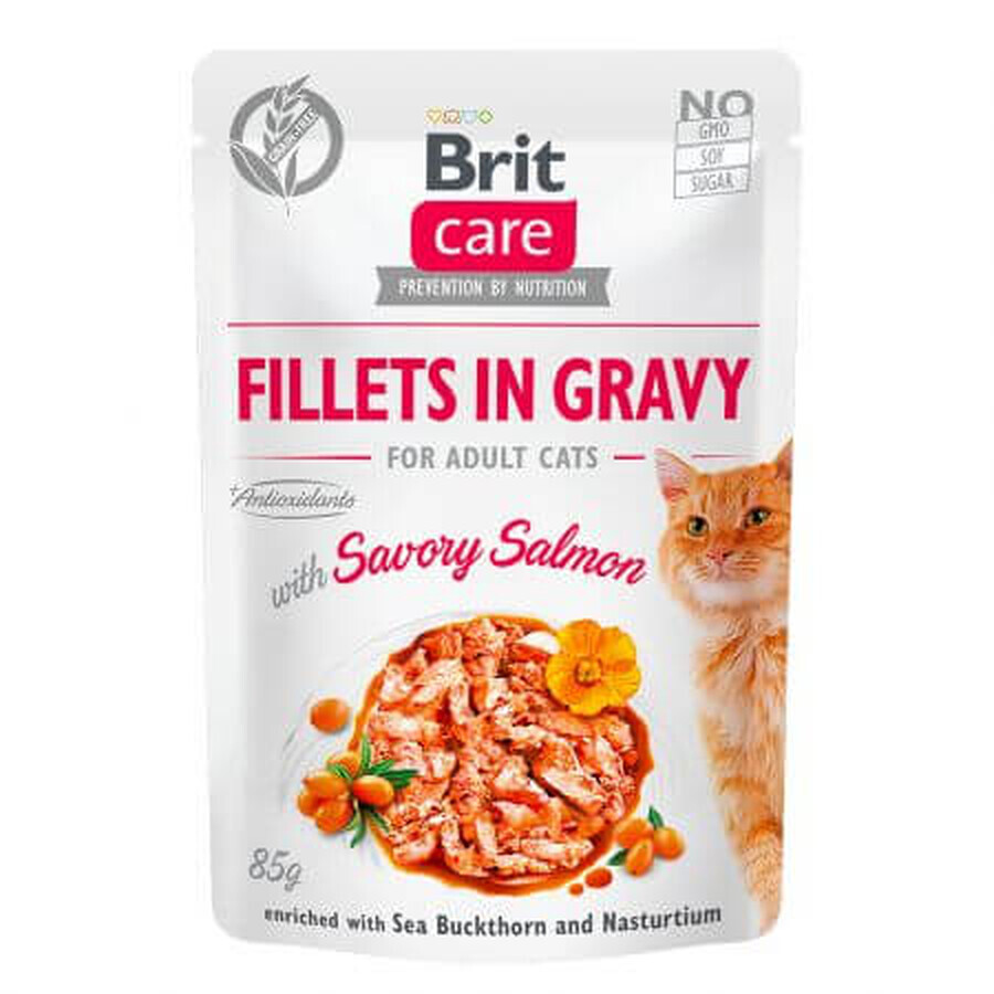 Nourriture humide avec filets de saumon pour chats Brit Care Fillets in Gravy With Savoury Salmon, 85 g, Brit