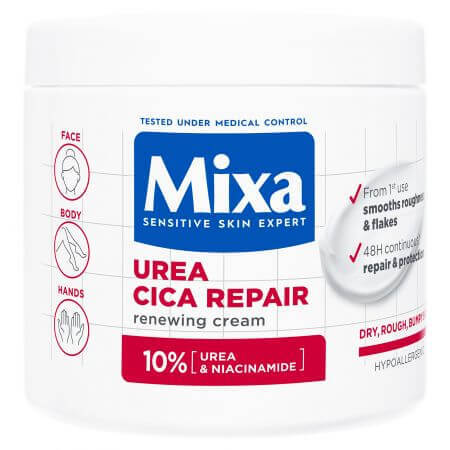 Crème régénérante pour le visage et le corps avec 10% d'urée et de niacinamide Cica Repair, 400 ml, Mixa