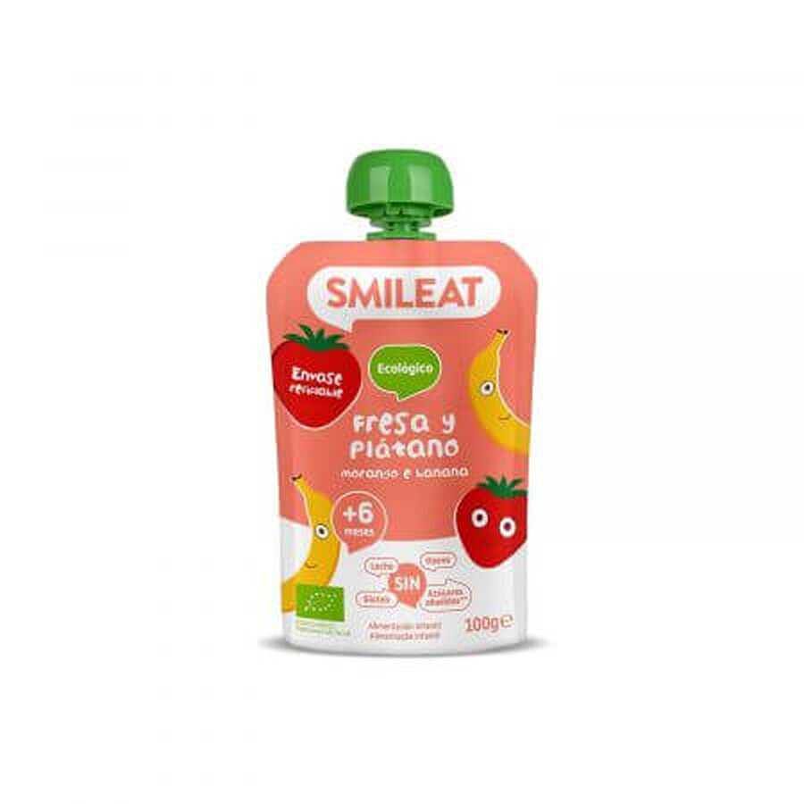 Purea di banane e fragole bio, +6 mesi, 100 g, Smileat