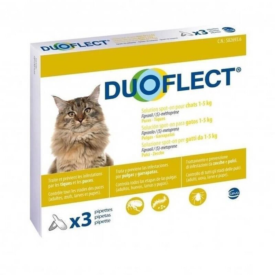 Spot on solution antiparasitaire pour chats entre 0,5-5 kg Duoflect, 3 pipettes, Ceva Sante