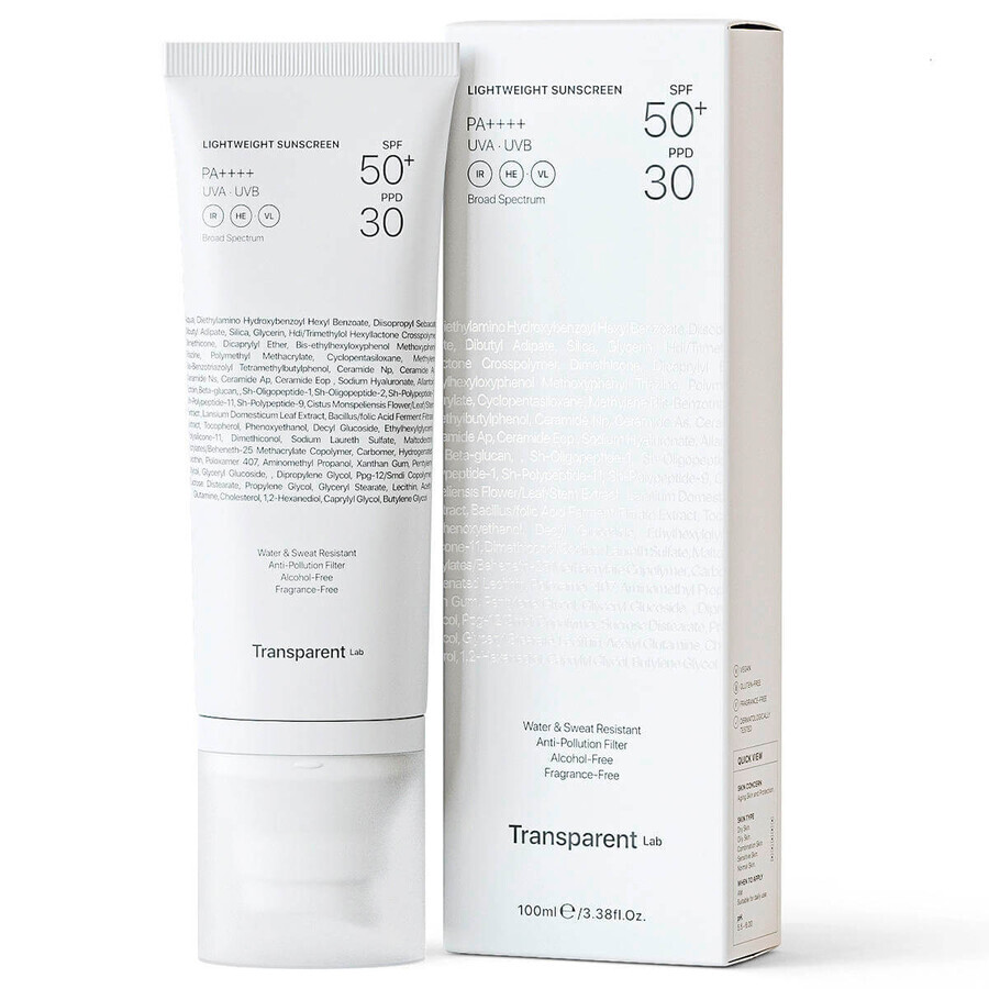 Crema viso con resistenza all'acqua SPF50+, 100 ml, Trasparent Lab recensioni