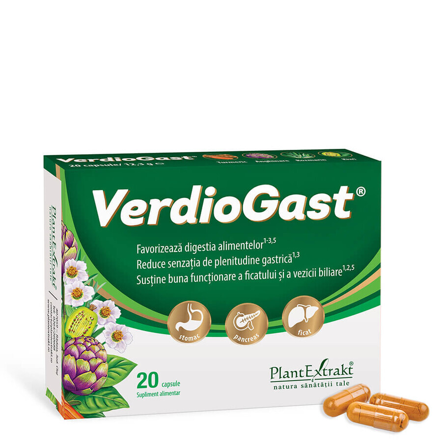 Integratore alimentare per il bruciore di stomaco VerdioGast, 20 capsule, PlantExtrakt