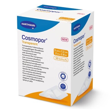 Plasture transparent cu compresa sterila Cosmopor Transparent 901051, 5 cm x 7.2 cm, 50 bucati, Hartmann