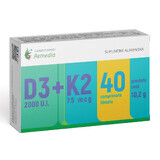 Vitamine D3 2000 UI + Vitamine K2 75 mcg, 40 comprimés pelliculés, Remedia