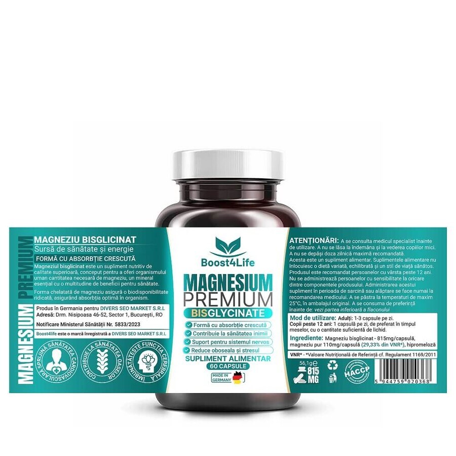 Magnesium Bisglycinate Premium pack, 2 x 60 capsules, Boost4Life