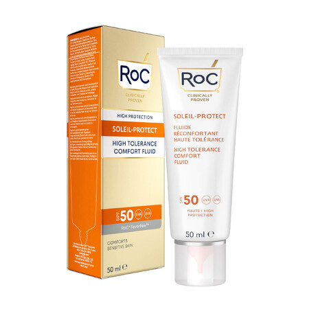 Soleil Protect 50 ml, RoC, fluide réconfortant pour les peaux sensibles SPF50