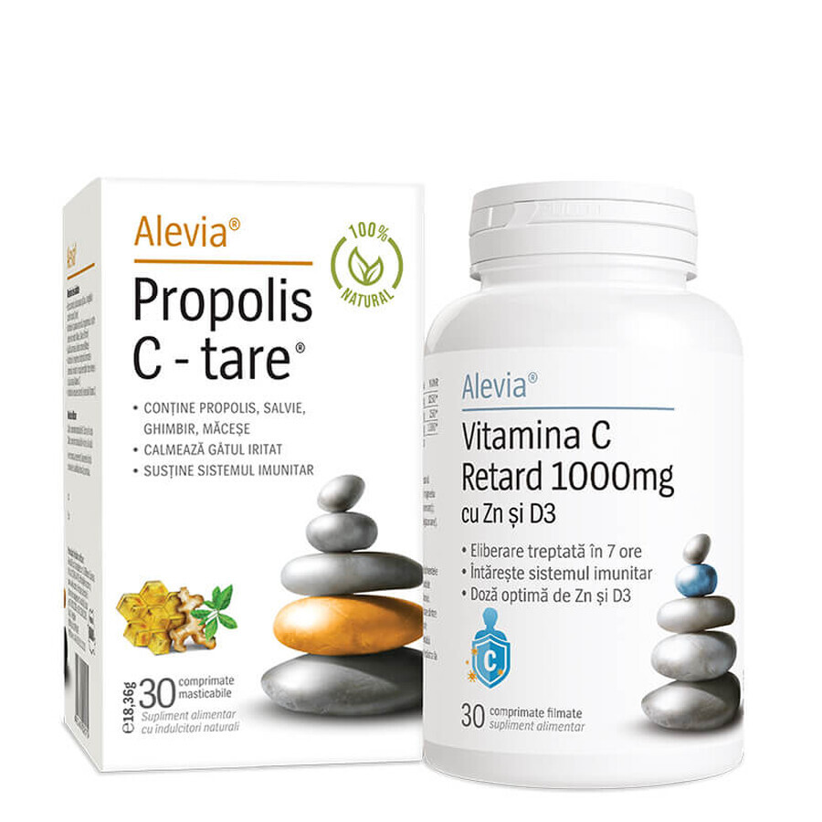 Propolis C dure 100% naturelle 30 comprimés + Vitamine C 1000 mg retardée avec Zn et D3 30 comprimés, Alevia