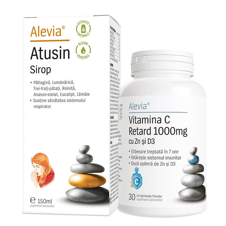 Atusin Sirup 150 ml + Vitamin C 1000 mg Delayed mit Zn und D3 30 Tabletten, Alevia