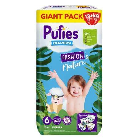 Fashion &amp; Nature Luiers, Nr. 6, 13 kg+, 62 stuks, Pufies