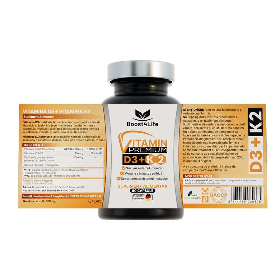 Vitamine D3 + K2 Premium GreenCaps, 60 gélules, Boost4Life