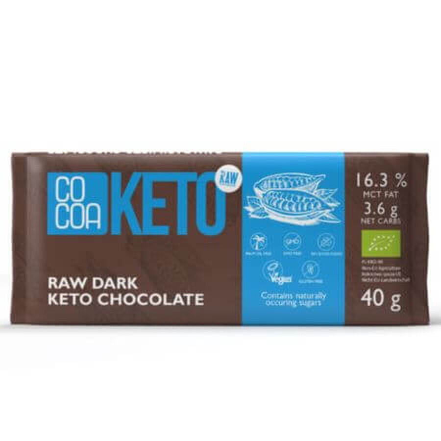 Chocolat noir biologique avec huile de noix de coco MCT Keto, 40 g, Cacao