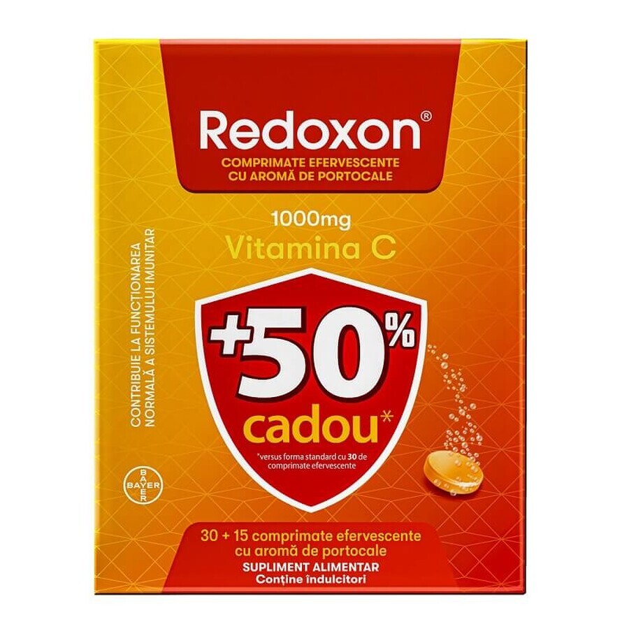 Redoxon avec vitamine C, 1000 mg, 30+15 comprimés effervescents, Orange, Bayer