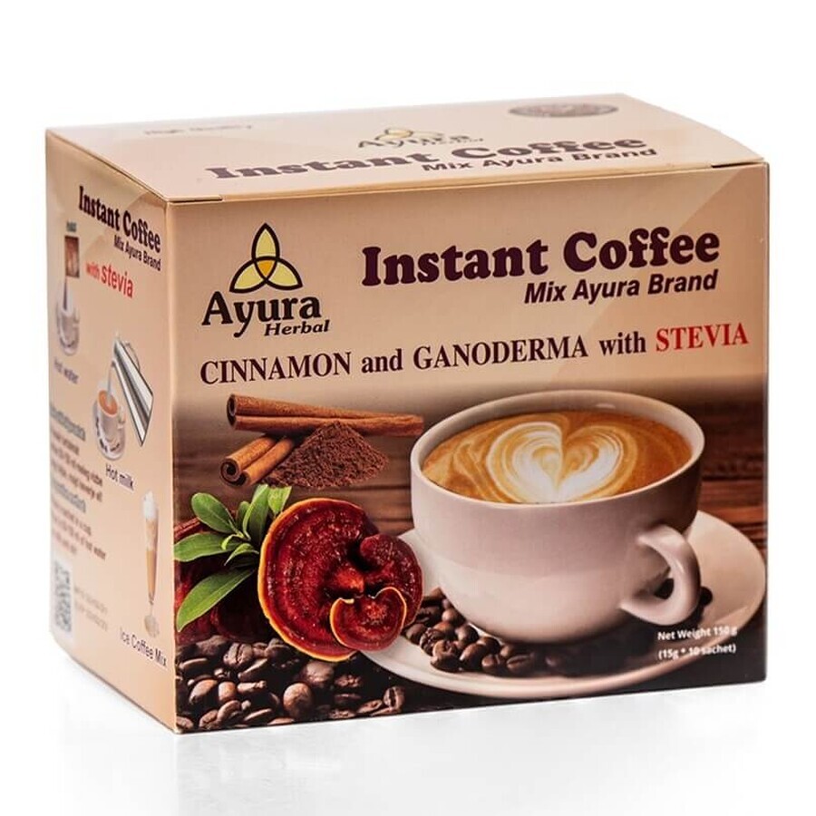 Café avec ganoderma, stevie et cannelle Mélange pour café instantané, 10 sachets, Ayura Herbal