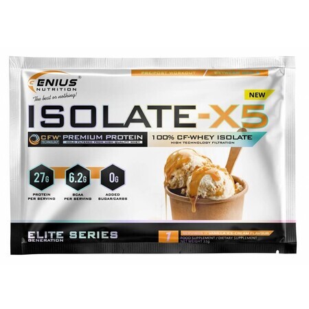 Isolate-X5 Poudre de protéines de lactosérum aromatisée à la crème glacée à la vanille, 33 g, Genius Nutrition