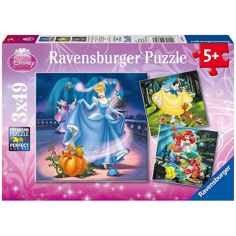 Puzzle Blanche-Neige, Cendrillon et Ariel, 3x49 pièces, Ravensburger