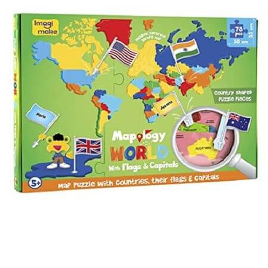 Puzzle éducatif Carte du monde avec drapeaux et capitales, +5 ans, Imagimake