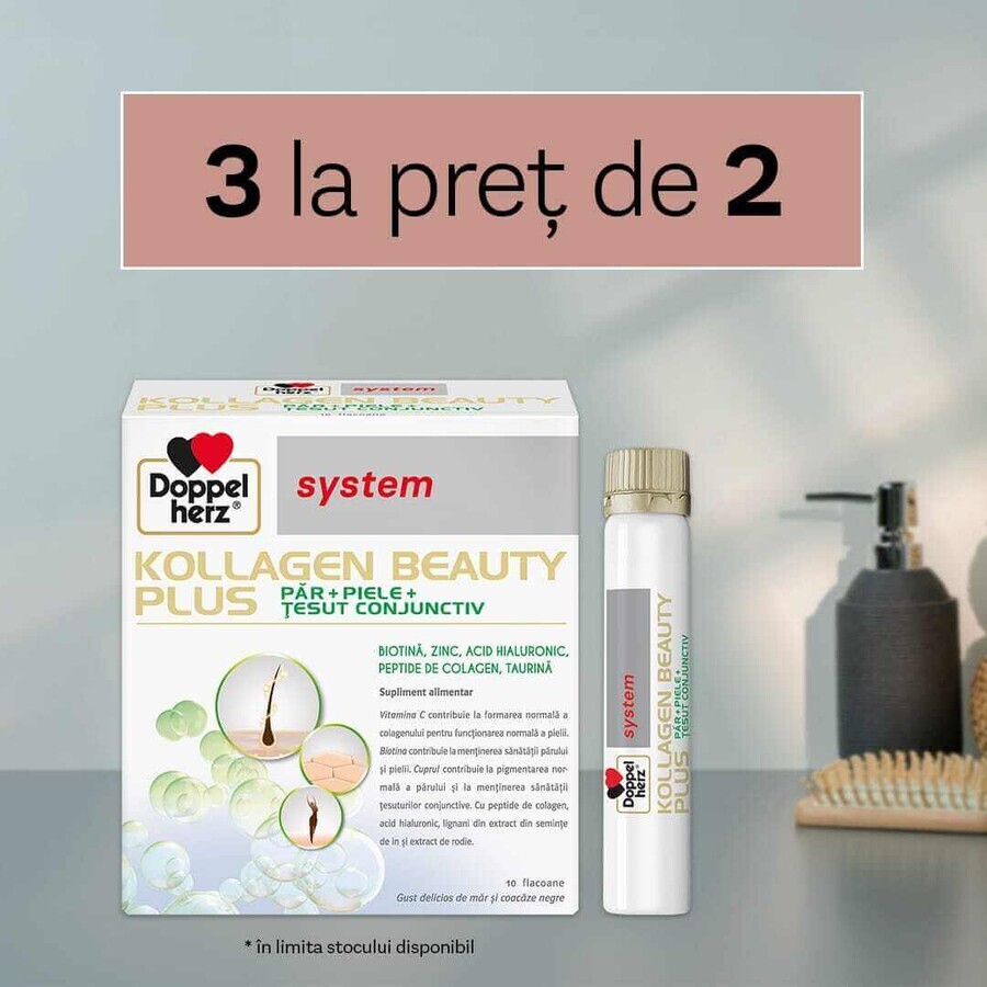 Kollagen (collagene) Beauty Plus System per capelli e pelle con biotina e acido ialuronico, 30 dosi al prezzo di 20 dosi, Doppelherz