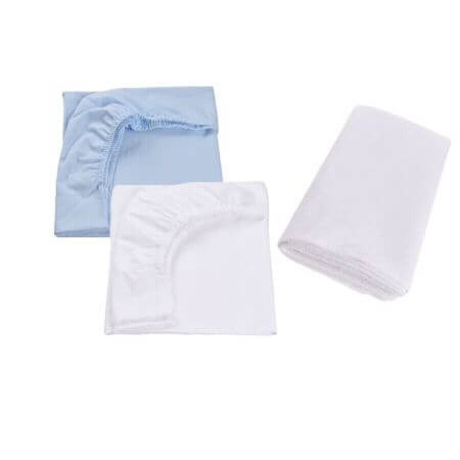 Lot de 2 draps de lit + housse imperméable, 120x60 cm, blanc/bleu, Fic Baby
