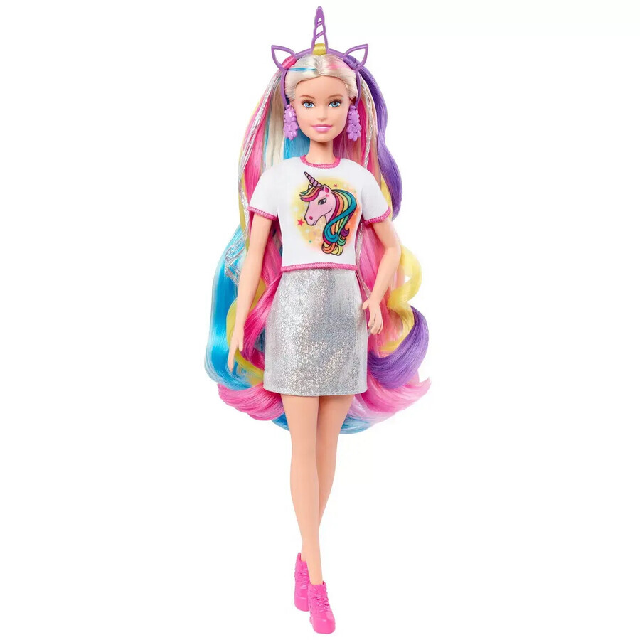 Set da gioco, bambola Barbie con capelli lucenti