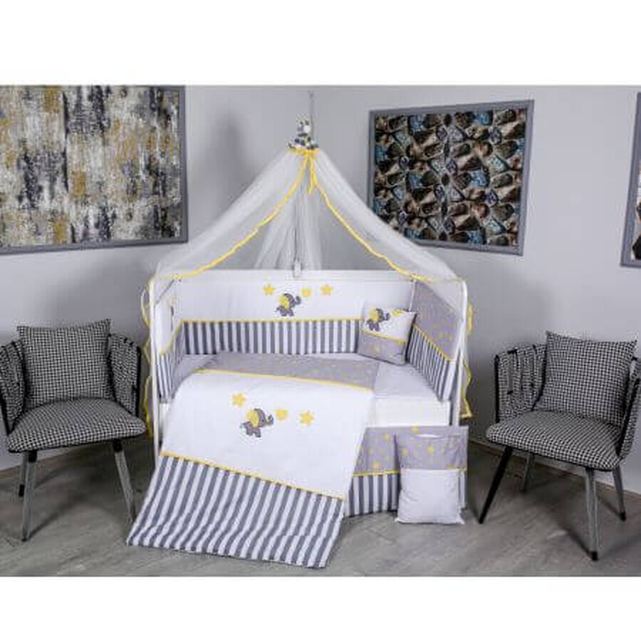 Ensemble de lit pour berceau avec baldaquin Elephant, Gris + Jaune, 120 x 60 cm, My Kids