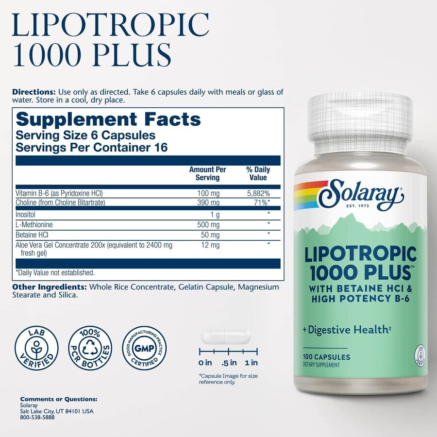 Lipotropic 1000 Plus Solaray, 100 gélules, Secom