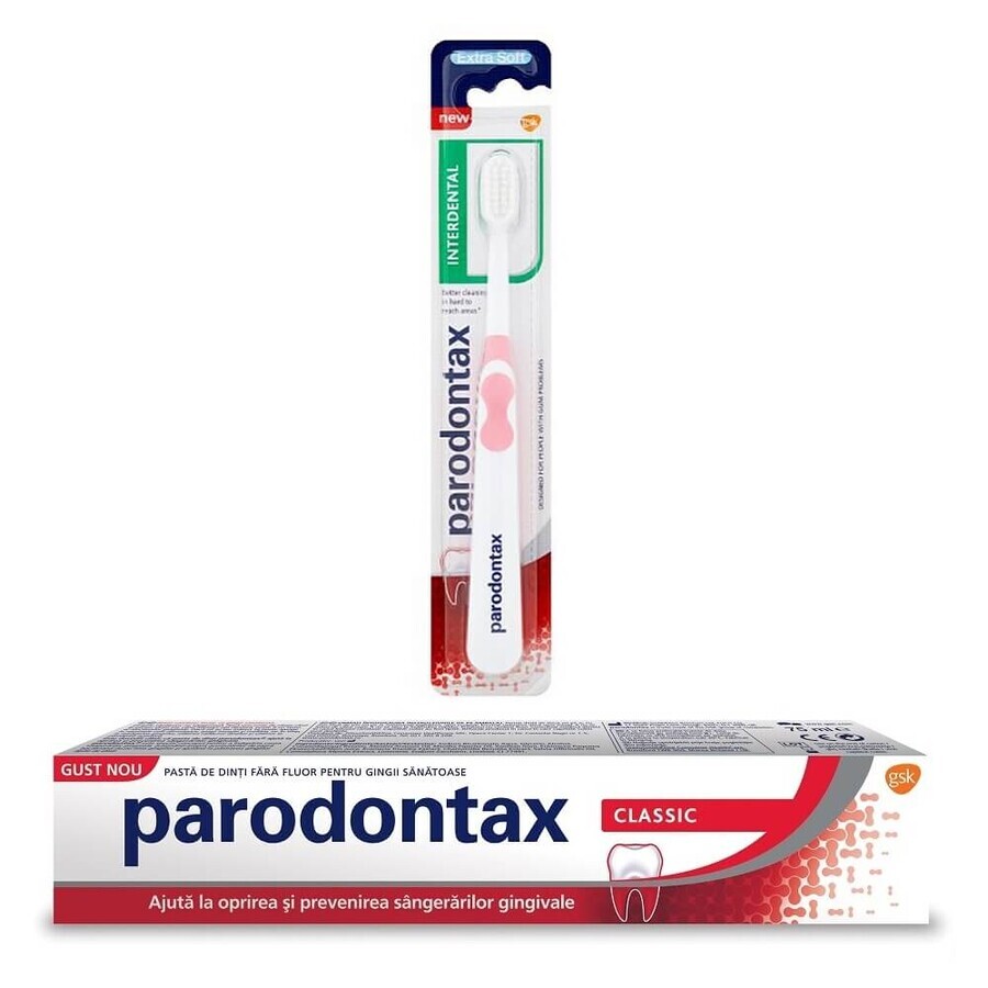 Pachet Pastă de dinți Classic Parodontax, 75 ml + Periuță de dinți Interdental Parodontax, Extra Soft, Gsk