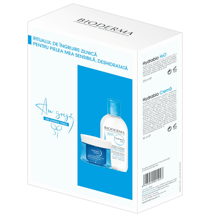 Bioderma Hydrabio H2O Solution Micellaire Hydratante, 250 ml + Crème Hydratante pour Peaux Sensibles et Sèches, 50 ml