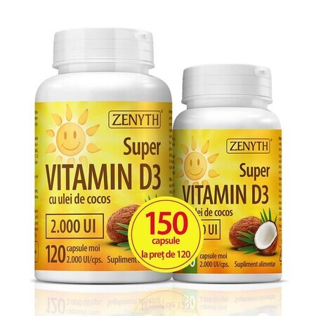 Super Vitamine D3 à l'huile de coco 2000 UI, 120 + 30 gélules, Zenyth