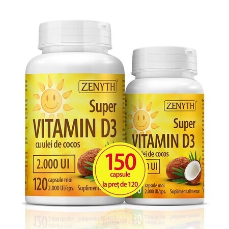 Confezione Super Vitamina D3 con olio di cocco 2000 UI, 120 + 30 capsule, Zenyth